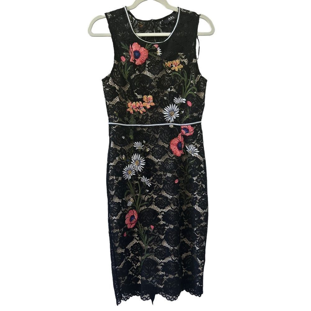 ABS by Allen Schwartz Lace Embroided Floral Sheath Dress Women's Black Size 4